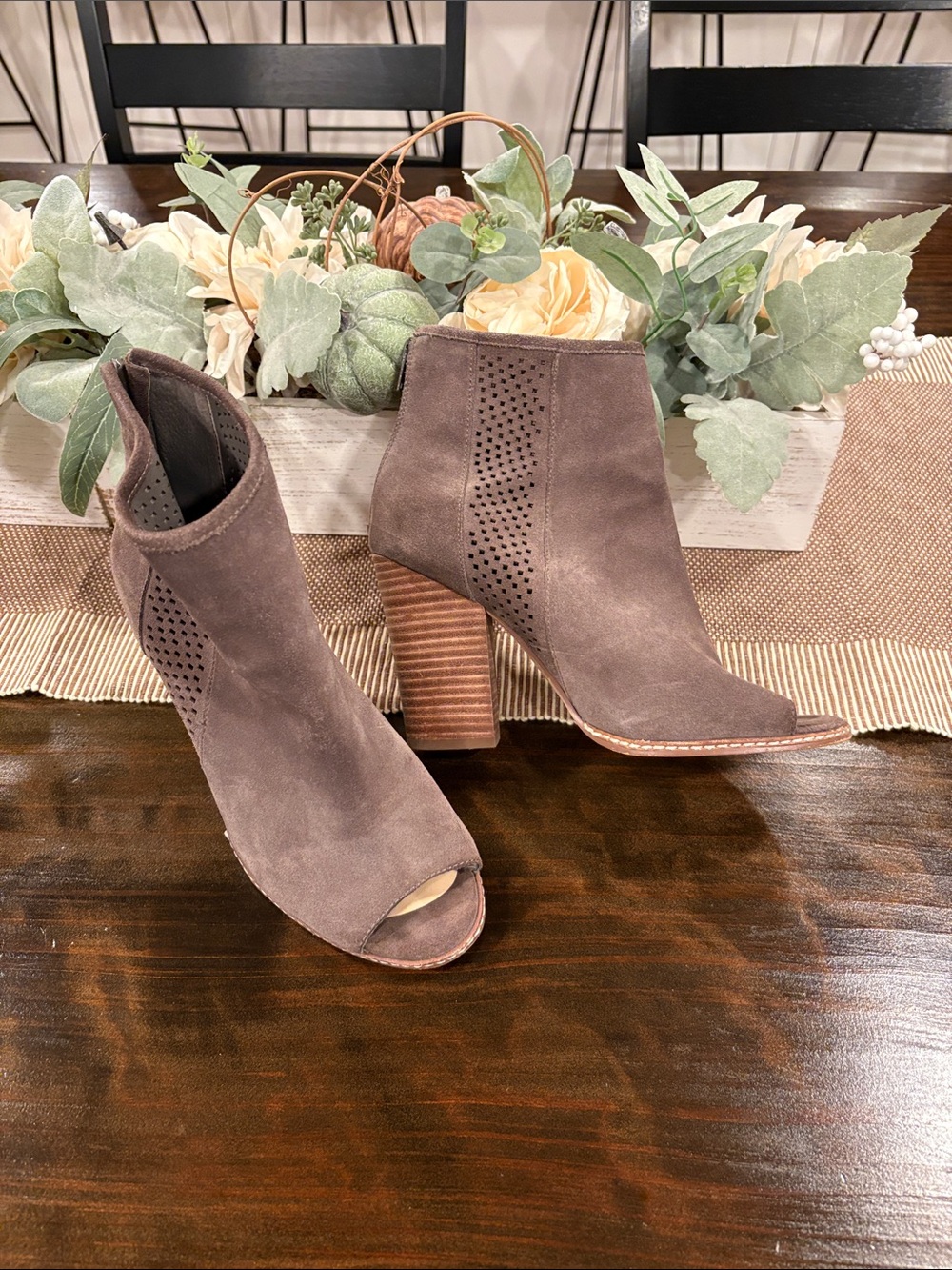 Gianni Bini Taupe Suede Peep-Toe Ankle Booties with Stacked Heel